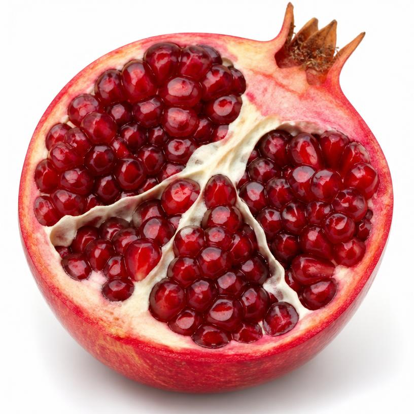 Halved ripe pomegranate showing red seeds on a white background